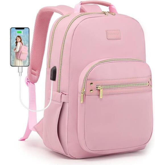 Handbags - Pink Laptop Backpack Women Bookbag - 15.6 inch Computer Backpacks Purse Travel